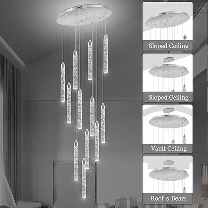 Crystal Staircase Chandelier, Modern Chrome Large Spiral Dimmable LED Cluster Raindrop Foyer Chandelier Lighting, Bubble Living Room Hanging Light Fixture 12 Light Remote Control