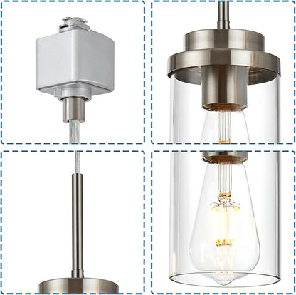 MELUCEE 4 Pack H Track Lighting Pendants Brushed Nickel Ceiling Track Hanging Light Fixtures with Clear Glass Shades, Compatible with H Type Track Lighting Rail, E26 Socket