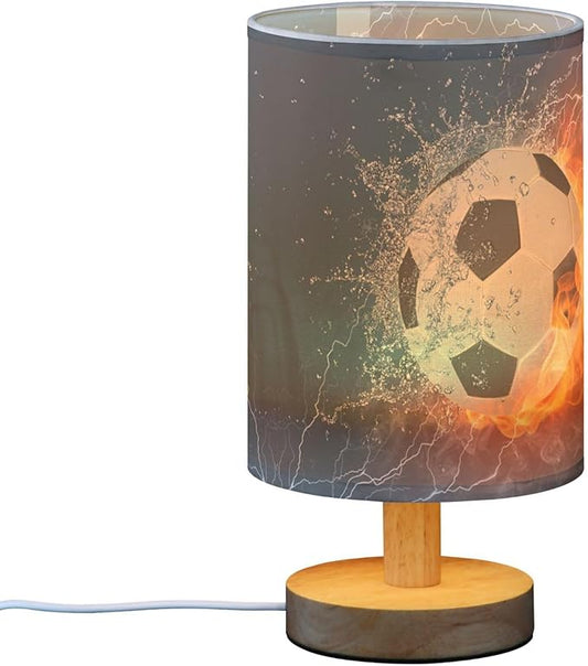 Table Lamp Soccer Ball in Fire Flame Water Sport Design American Football Nightstand Lamp with Wood Base Fabric Lamp Shade Bedside Desk Lamp for Living Room Bedroom Kids Room Office