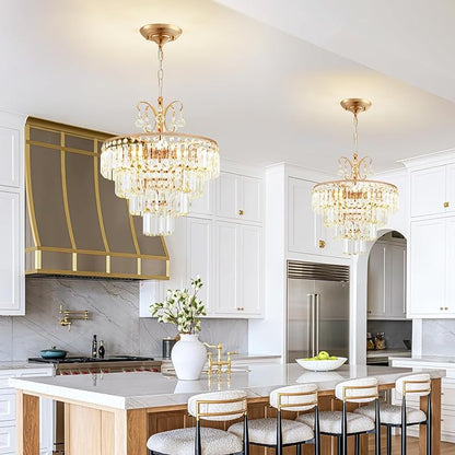 4 -Lights Crystal Chandelier,20'' Gold Crystal Chandeliers,4 Tier Semi Flush Mount Chandelier Modern Luxury Gold Flush Mount for Living Room Dining Bedroom Kitchen E12 Base