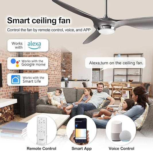 reiga 52 Inch Modern Smart Wifi Ceiling Fan with Light and Remote Control, Living Room Bedroom patio 3 Blade Ceiling Fans with Reversible Mute DC Moto