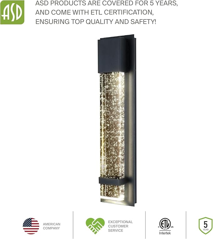 ASD LED 24" Bubble Glass Wall Light Fixture, Outdoor & Indoor Seeded Sconce | 3CCT, Waterproof, Dimmable, ETL Listed | 20W 600LM 3000-5000K 100-277V | Exterior Lantern, Porch Lighting | Black, 2 Pack