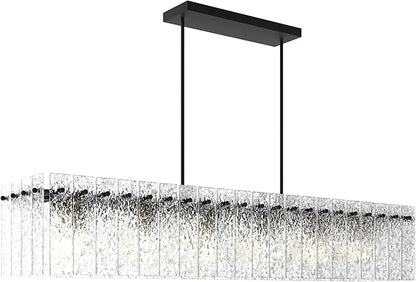 Modern Black Rectangle Chandelier, 48" Dining Room Chandelier with Water Ripple Glass, Linear Crystal Chandeliers for Dining Room, Living Room, Kitchen Island