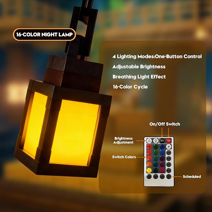 DBZ Pixelated Lantern Night Light, 16 Colors Rechargeable LED Light with Touch Switch & Remote Control, Retro Style Pixel Table/Wall Light for Kids Bedroom, Gaming Room Decor Gift