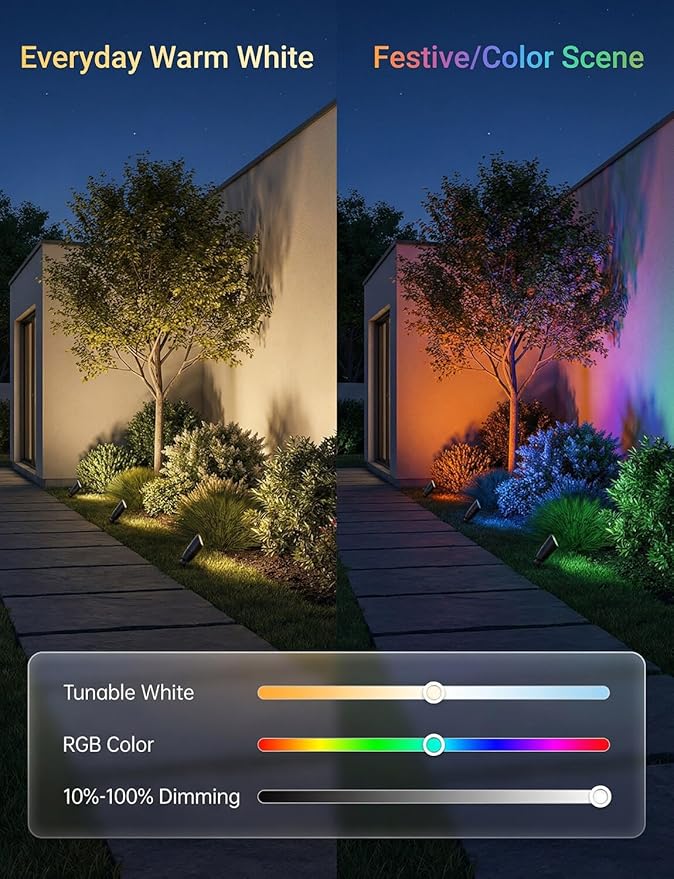 Smart RGBCW Low Voltage Landscape Lighting for Tree, 12v Outdoor Color Changing Spotlights, App & Remote Control, Replaceable Bulb, IP65 Waterproof, Transformer and Wire Not Included, 4 Pack