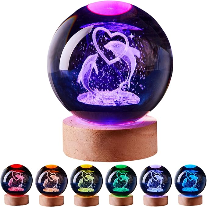 Dolphin Crystal Ball Lamp,3D 3.15 inch K9 Crystal Ball Night Light with Wooden Base Lamp for Room,Dolphin Light Gift,16 Colors Change with Remote Control (D)