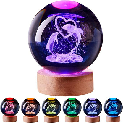 Dolphin Crystal Ball Lamp,3D 3.15 inch K9 Crystal Ball Night Light with Wooden Base Lamp for Room,Dolphin Light Gift,16 Colors Change with Remote Control (D)