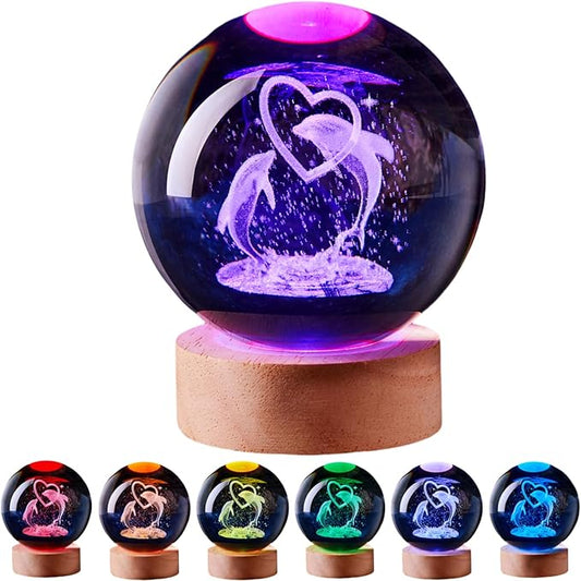 Dolphin Crystal Ball Lamp,3D 3.15 inch K9 Crystal Ball Night Light with Wooden Base Lamp for Room,Dolphin Light Gift,16 Colors Change with Remote Control (D)