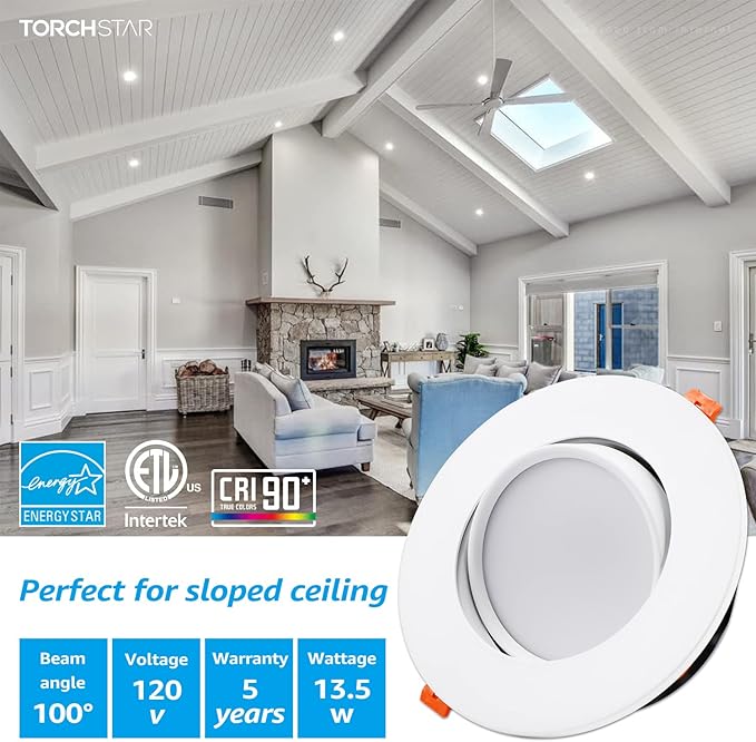 TORCHSTAR 6 Inch Gimbal LED Recessed Lighting with Junction Box, 13.5W IC Rated Air Tight Directional Swivel Downlight, CRI90+ Dimmable Canless LED Recessed Light, 5000K, ETL, Pack of 4