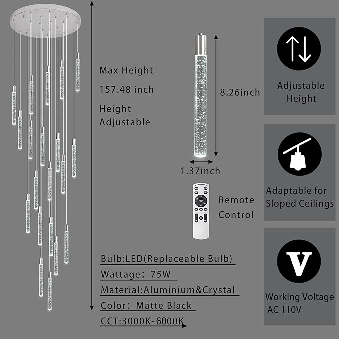 20-Lights Bubble Chandelier for Entryway High Ceiling-157 Height Adjustable Crystal Chandelier,3 Color Temperature Dimmable LED Pendant Light Fixture for Foyer Living Room Staircase,Chrome