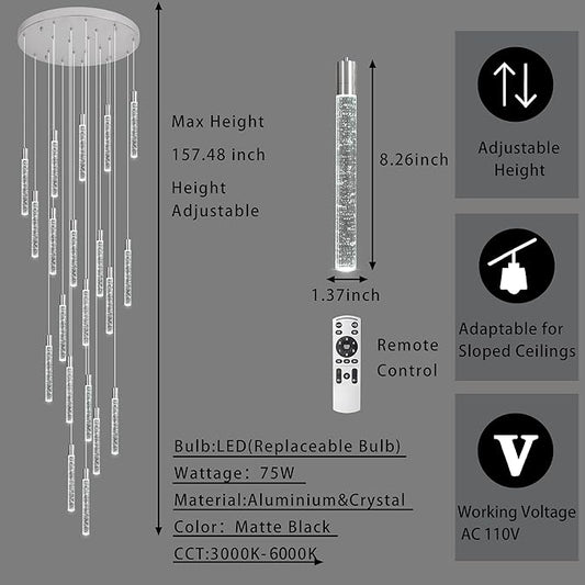 20-Lights Bubble Chandelier for Entryway High Ceiling-157 Height Adjustable Crystal Chandelier,3 Color Temperature Dimmable LED Pendant Light Fixture for Foyer Living Room Staircase,Chrome