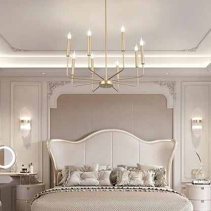 WOKNOS Modern Gold Farmhouse Chandeliers, 8-Light Industrial Metal Chandelier Lighting, Classic Candle Hanging Pendant Light Fixtures for Kitchen Bedroom, Dining Room, Living Room,Foyer