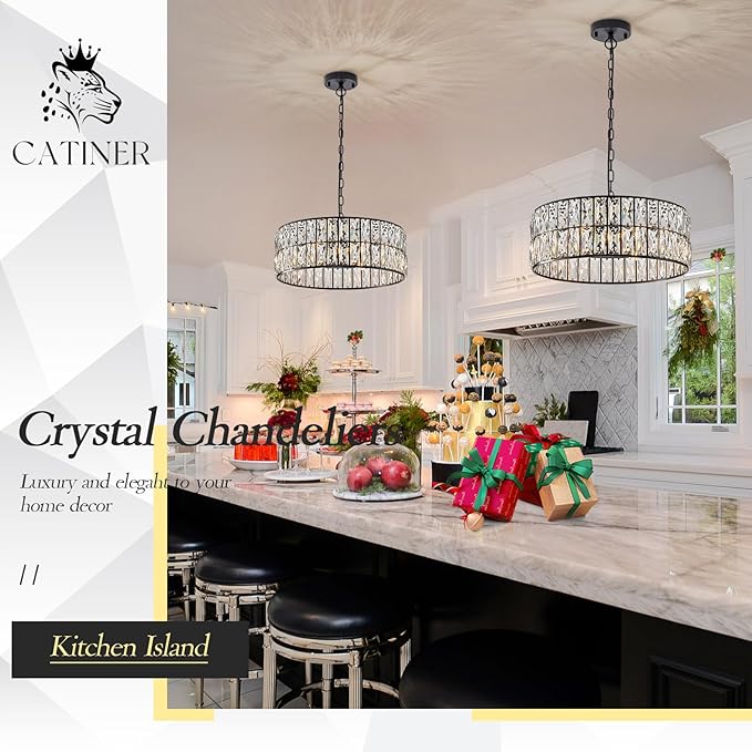 CATINER Black Crystal Chandelier 6-Lights Crystal Pendant Light Large 18 Inches Drum Semi Flush Mount Ceiling Lights for Dining Room Living Room Kitchen Closet