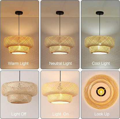 Boho Bamboo Pendant Light 17.72" Beige Wicker Chandelier Handmade Rattan Dining Room Lights Farmhouse Hanging Lighting Fixture for Kitchen Island Bedroom Living Room Hallway Coffee Restaurant