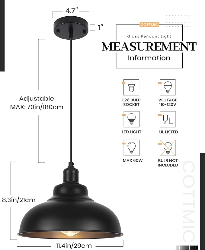 Matte Black Pendant Light, Farmhouse Pendant Lighting, 11.4in Farmhouse Pendant Lights Kitchen Island, Adjustable Height, 2 Light Industrial Pendant Light Fixtures for Dining Room, Sink, Bar