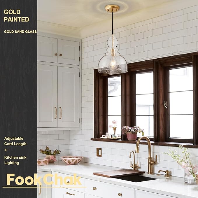 Gold Pendant Lights Kitchen Island, Large Gold Sand Glass Pendant Lighting Over Table 10inch Modern Brass Ceiling Island Light for Kitchen Sink Hallway Entrance