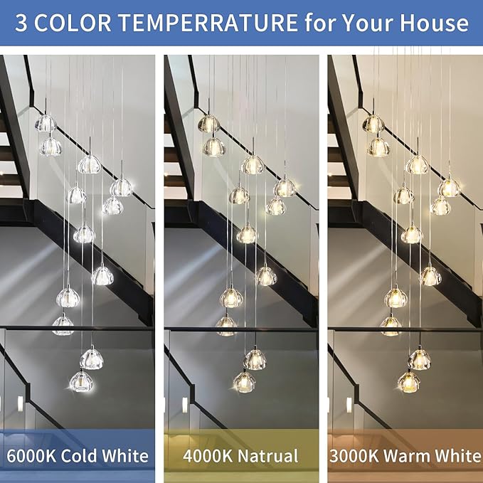 Modern LED High Ceiling Chandelier,12-Light Fixture Crystal Hanging Lamp Dining Room Dimmable Adjustable Luxury Pendant Lights for Living Dinning Room Hallway Foyer Staircase Entryway