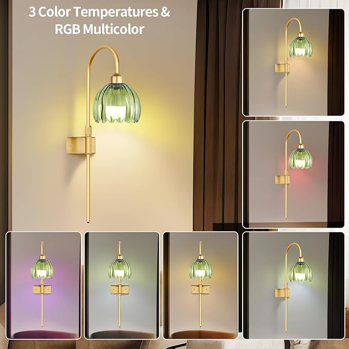 ZECOXOL Vintage Battery Operated Wall Sconces Set of 2, Gold Rechargeable Wireless Wall Lamp Lights with Glass Lampshade & Remote,Dimmable 12 Colors Flower Wall Sconce for Bedroom Living Room Hallway
