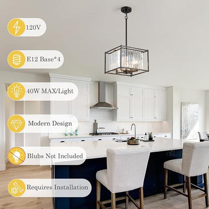 Square Small Crystal Chandeliers for Dining Room, 4-Light Black Pendant Ceiling Light Fixture 13" Mini Modern Farmhouse Adjustable Hanging Lamps for Bedroom Entryway Hallway