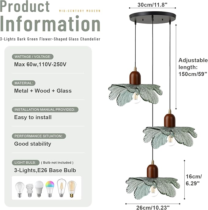 3 Light Dark Green Glass Pendant Light Mid Century Modern Chandelier Adjustable Hanging Ceiling Light Fixture E26 Base for Kitchen Island Dining Room Bedroom Living Room Cafe Restaurant