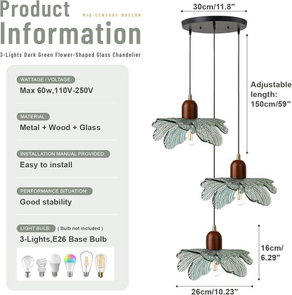 3 Light Dark Green Glass Pendant Light Mid Century Modern Chandelier Adjustable Hanging Ceiling Light Fixture E26 Base for Kitchen Island Dining Room Bedroom Living Room Cafe Restaurant