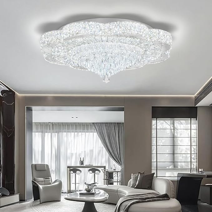 32in Modern Crystal handeliers for Living Room,Large Crystal Chandelier with Remote Control Flush Mount Chandeliers for Bedrooms Dining Room Dimmable 2700K-6000K