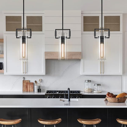 Mondern Black Kitchen Island Pendant Lights,12'' Glass Island Pendant Light,Farmhouses Knurled Pendant Light, for Kitchen,Dining Room,Bathroom,Bulb Included