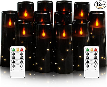 Sasigeiaa Flameless Candles with Embedded Star String - Battery Operated LED Candles, with Remote,12 Black Flickering Candles for Christmas, Weddings, Home Decor & Party,(D 2.3"×H 5" 6" 7")