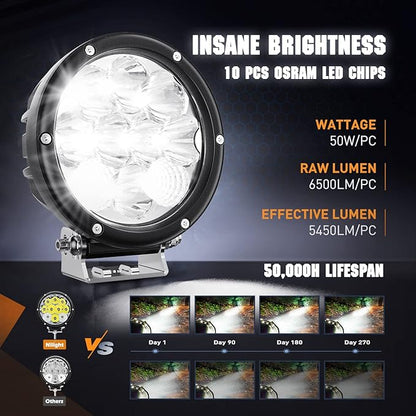 Nilight 5.7 Inch Round 50W LED Driving Light w/ 16AWG DT Connector Wiring Harness 6500LM IP68 Spot Flood Combo Work Lamp for Offroad ATV UTV SUV Motorcycle Truck Tractor Boat