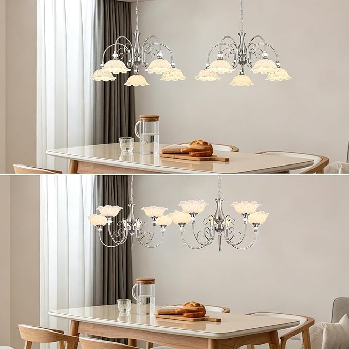 5-Light Chandeliers in Brushed Nickel Finish with White Glass Shades, Brushed Nickel Chandelier Light for Dining Room,Hallway,Kitchen