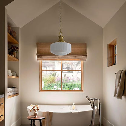 Milk Glass Pendant Light, 10.63" White Pleated Glass Chandelier, Vintage Brass Antique Pendant Lights, for Kitchen Island Lighting, Hallway, Bedroom, Dining Room, Foyer, E26 Bulb Included