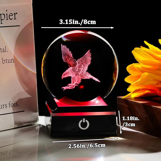 Arikyrist 3D Eagle Figurine Crystal Ball with Colorful Light Base, Eagle Gifts for Women Men, Modern Home Office Decor