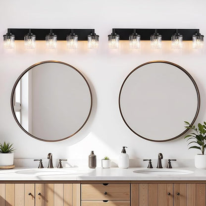 Modern Crystal Bathroom Light Fixtures, 5 Light Black Farmhouse Vanity Lights, with Crystal Glass Shade, Industrial Bathroom Lighting Fixtures Over Mirror Wall Light for Bedroom Living Room
