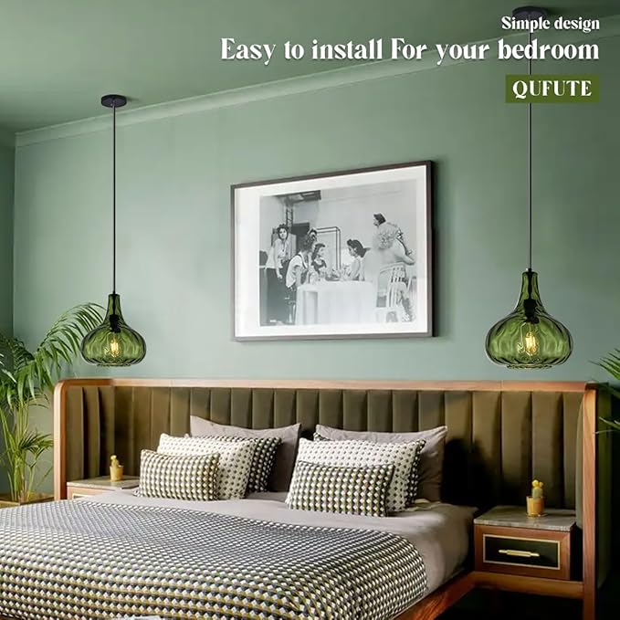 Vintage Pendant Lights Green Glass Hanging Lights Mid-Century Modern Pendant Light Fixtures Black Finish 9.45″ Globe Hammered Shade Adjustable Pendant Lighting Kitchen Sink Farmhouse