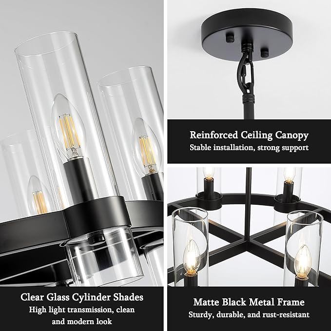 22 Inch Black Cross Wagon Wheel Chandelier with Glass Shades, 6 Lights X-Frame Farmhouse Chandelier, Modern Rustic Pendant Light for Dining Room, Kitchen Island, Entryway