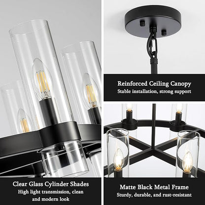 22 Inch Black Cross Wagon Wheel Chandelier with Glass Shades, 6 Lights X-Frame Farmhouse Chandelier, Modern Rustic Pendant Light for Dining Room, Kitchen Island, Entryway