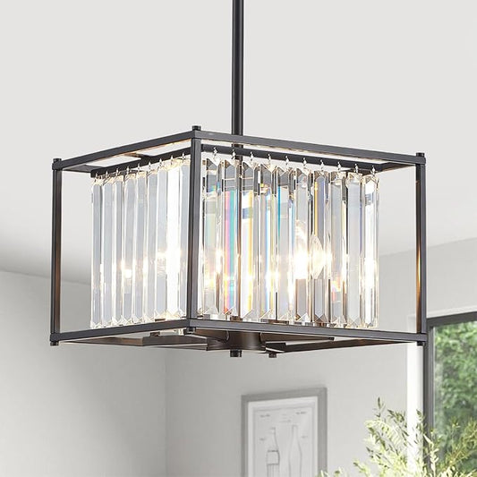 Square Small Crystal Chandeliers for Dining Room, 4-Light Black Pendant Ceiling Light Fixture 13" Mini Modern Farmhouse Adjustable Hanging Lamps for Bedroom Entryway Hallway
