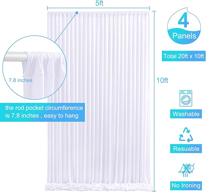 4 Panels White Backdrop Curtain for Parties Wedding Wrinkle Free White Photo Curtains Backdrop Drapes Fabric Decoration for Baby Shower 20ft(W) x 10ft(H)