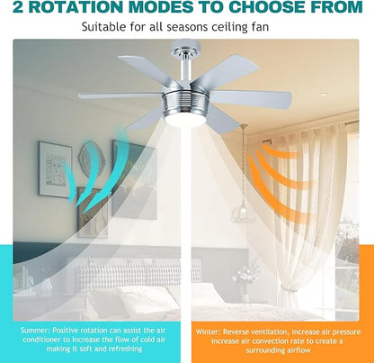 SHOWDI Ceiling Fan with Lights and Remote, 6 Blade App Control Timer Reversible Stepless Brightness and Color Temperature Outdoor Wood Ceiling Fan with Lights (Chrome, 42 Inch)