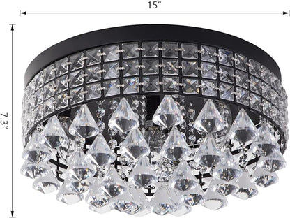 Maxax 4 Lights Crystal Chandelier, Recessed Drum Ceiling Light, Mini Crystal Flush Mount Round Metal Shade Raindrop Chandelier Crystal for Dining Room Living Room Bathroom Bedroom, Black