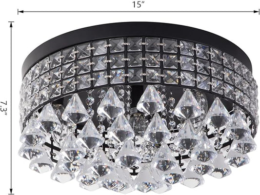 Maxax 4 Lights Crystal Chandelier, Recessed Drum Ceiling Light, Mini Crystal Flush Mount Round Metal Shade Raindrop Chandelier Crystal for Dining Room Living Room Bathroom Bedroom, Black