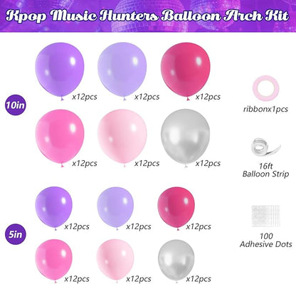 JOGAMS 172Pcs K-Pop Music Balloon Arch Kit, Metallic Silver Purple Pink Balloons Garland with Iridescent Star Disco Foils Balloons for Concert-Style Birthday Idol Showcase Fan Support Party Decor