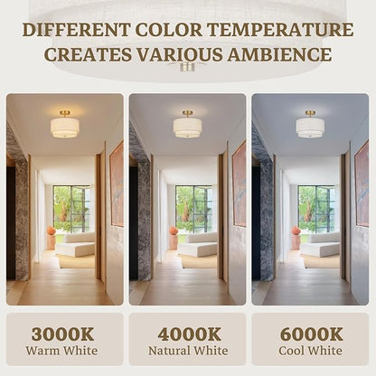 Semi Flush Mount Ceiling Light Fixture,12.6'' Gold Light Fixtures Ceiling Mount, Modern Close to Ceiling Light with 2-Layer Linen Shade,Farmhouse Drum Ceiling Light for Bedroom Hallway Living Room