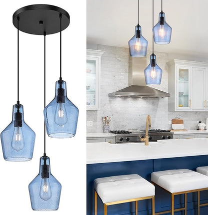 Emliviar 3-Light Cluster Pendant Light, Blue Hanging Pendant Lights with Seeded Glass for Kitchen Hallway Dining Room, DYE286G1-3 BK