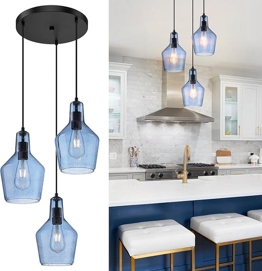 Emliviar 3-Light Cluster Pendant Light, Blue Hanging Pendant Lights with Seeded Glass for Kitchen Hallway Dining Room, DYE286G1-3 BK