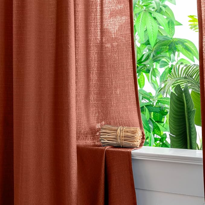 Yancorp Terracotta Curtains 96 Inch Length for Living Room 2 Panels Linen Textured Sheer Curtain Set Light Filtering Semi Sheer Drapes Curtains for Bedroom(Terracotta,W52 X L96)