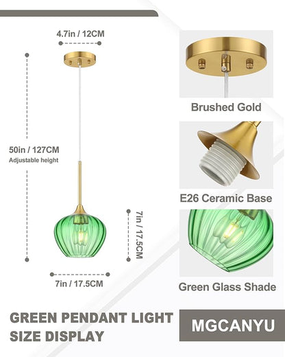 Green Glass Pendant Lights Kitchen Island, 7" Vintage Pendant Lighting with Brushed Gold Adjustable Hanging Light Fixtures for Kitchen, Dining Room, Sink, Bathroom