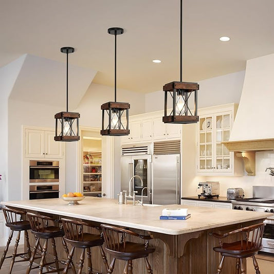 Genuine Wood Farmhouse Pendant Light, 2 Pack Rustic Farmhouse Linear Chandelier with Wood and Metal Cage, Kitchen Island Pendant Light Adjustable Height for Dining Room Light Kitchen Island Bedroom