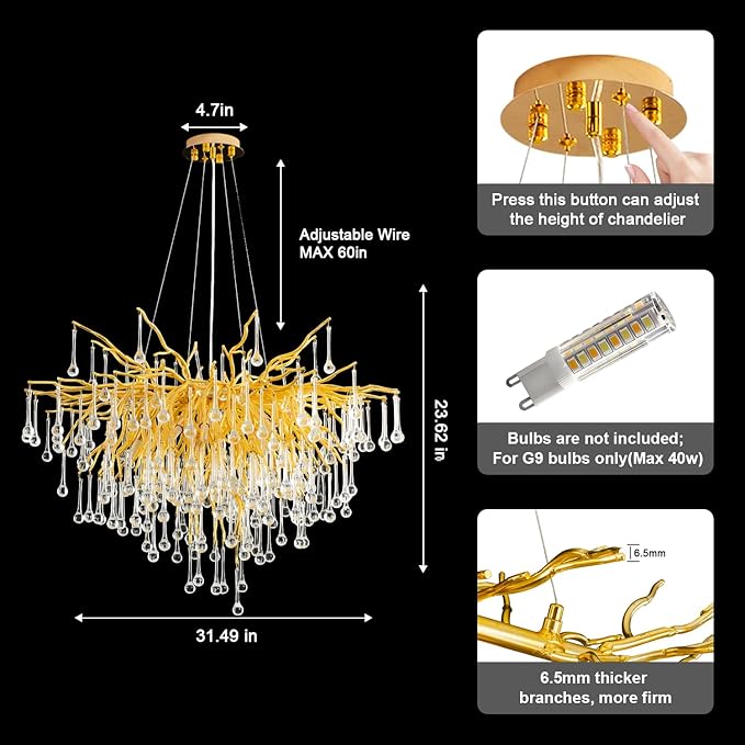 Crystal Chandelier for Dining Room - 31in Modern Farmhouse Crystal Gold Chandelier, Raindrop Tree Branch Chandeliers for Living Room, Bedroom, Entryway, Foyer, High Ceiling(Bulb not Included)