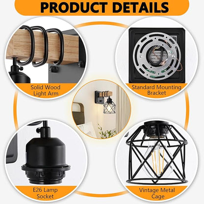 FadimiKoo Farmhouse Wall Sconces 4 Pack, Bedside Wall Lamps with Dimmer ON/Off Switch, Black Wall Light Fixtures with Metal Cage, Rustic Wooden Sconces Wall Lighting for Living Room, Hallway, Bathroom